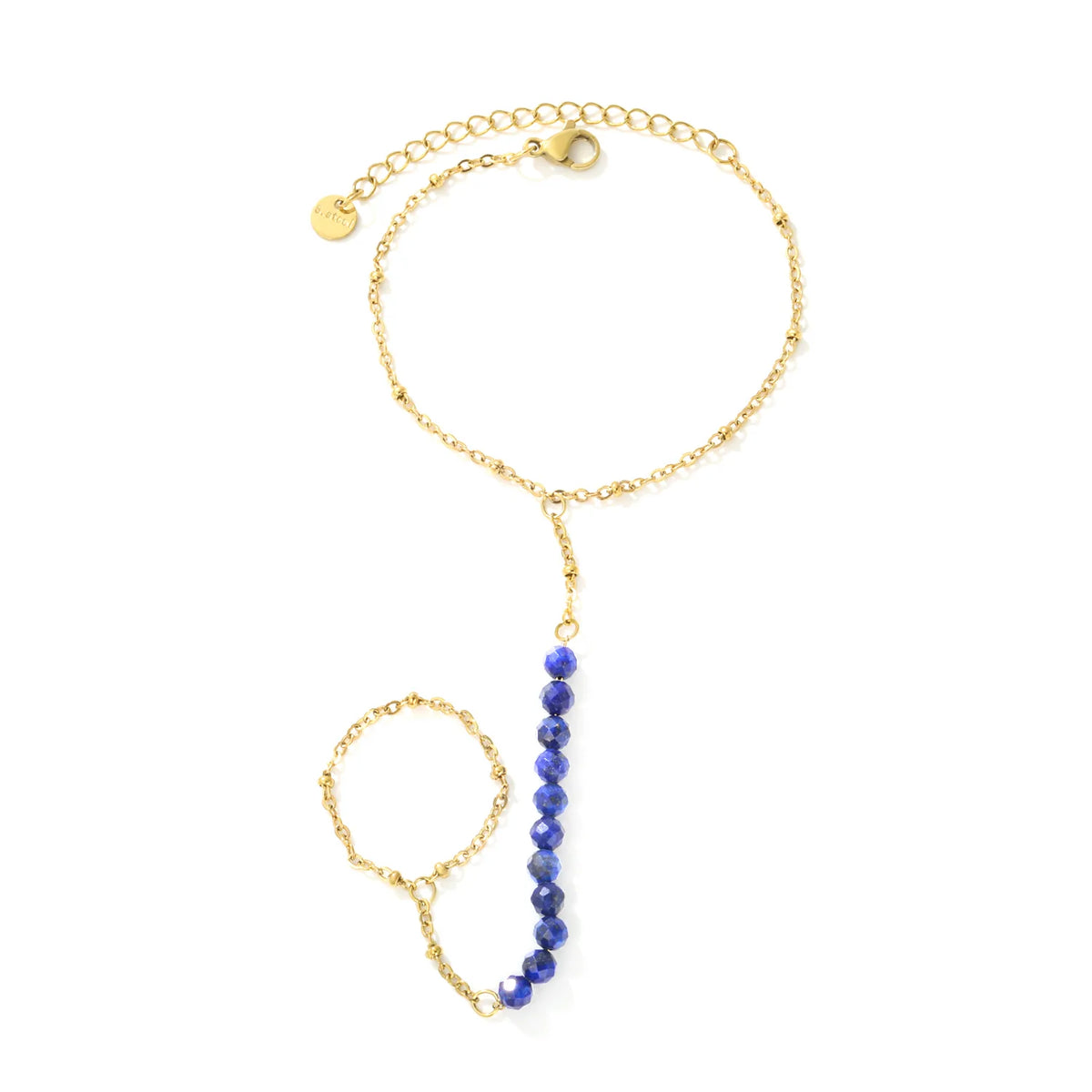 Faceted Blue Crystal Bead Hand Chain Bracelet With Attached Ring | 4mm Round Beads | 15+5cm Cable Chain