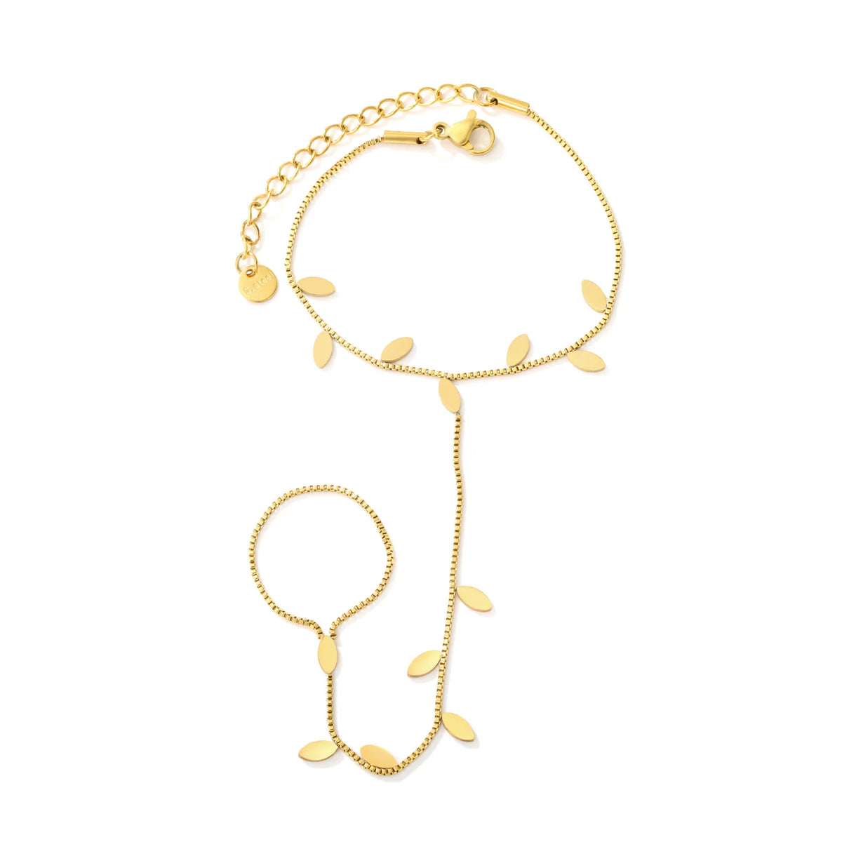 Leaf Disc Hand Chain Bracelet With Attached Ring | 3x6mm Marquise Leaf Charms | 15+5cm Box Chain