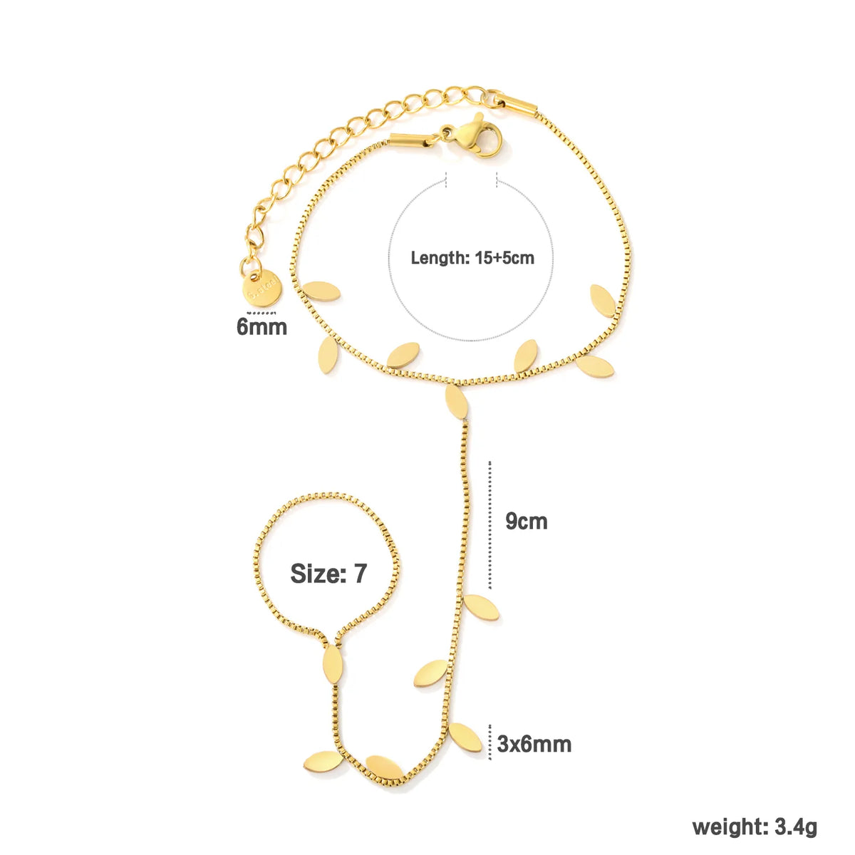 Leaf Disc Hand Chain Bracelet With Attached Ring | 3x6mm Marquise Leaf Charms | 15+5cm Box Chain