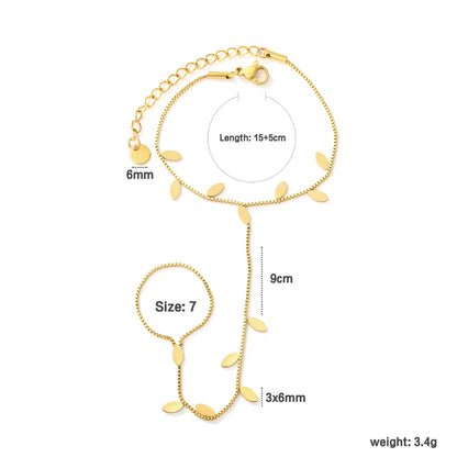 Leaf Disc Hand Chain Bracelet With Attached Ring | 3x6mm Marquise Leaf Charms | 15+5cm Box Chain
