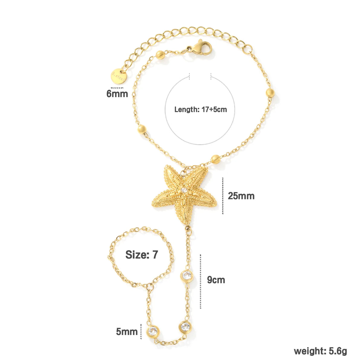 Beach Textured Starfish Hand Chain Bracelet With Attached Ring | 25mm Starfish Charm | 17+5cm Cable Chain