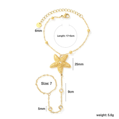 Beach Textured Starfish Hand Chain Bracelet With Attached Ring | 25mm Starfish Charm | 17+5cm Cable Chain