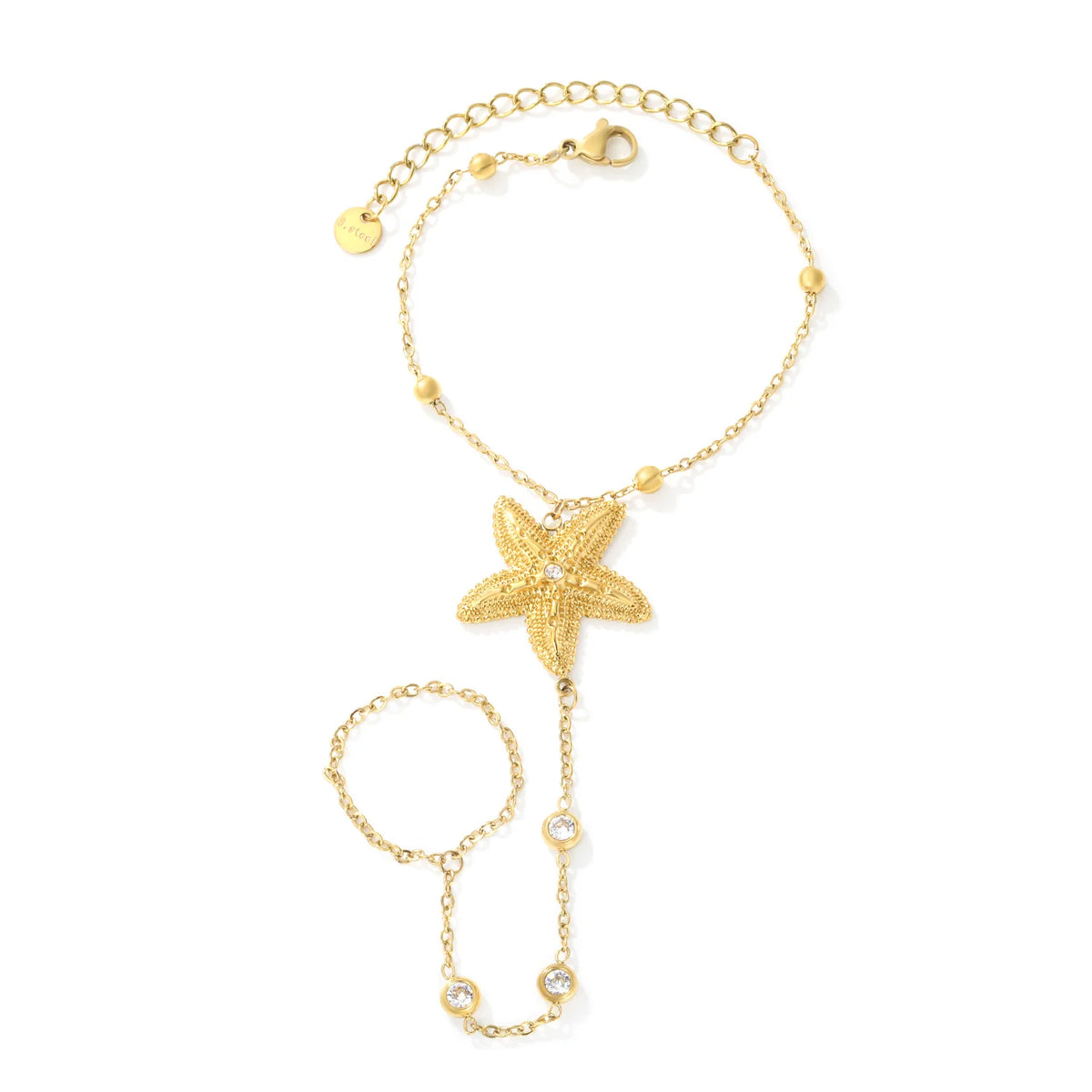 Beach Textured Starfish Hand Chain Bracelet With Attached Ring | 25mm Starfish Charm | 17+5cm Cable Chain