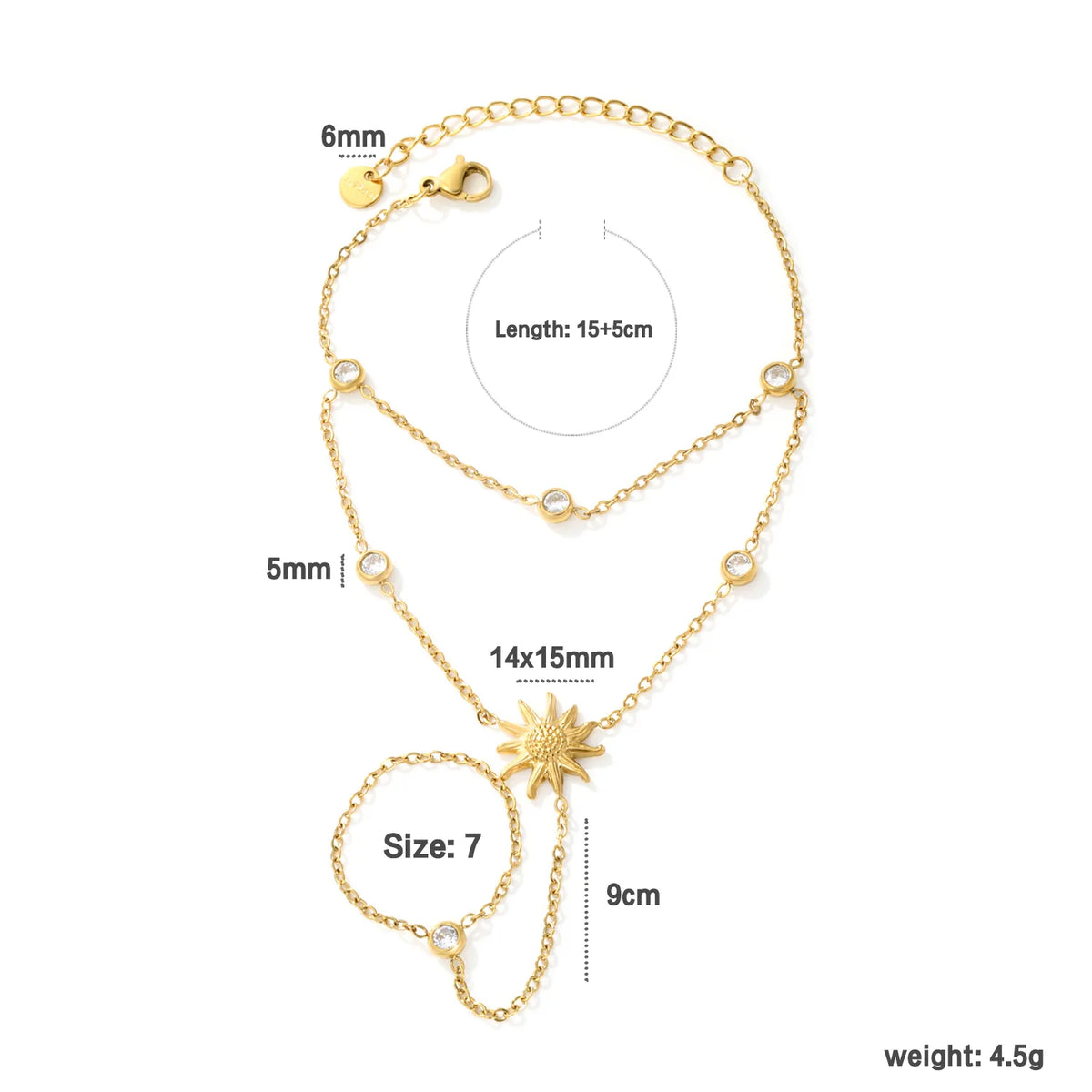 Layered Sun Charm Hand Chain Bracelet With Attached Ring | 14x15mm Textured Sun Pendant | 5mm Bezel CZ Accents | 15+5cm Cable Chain