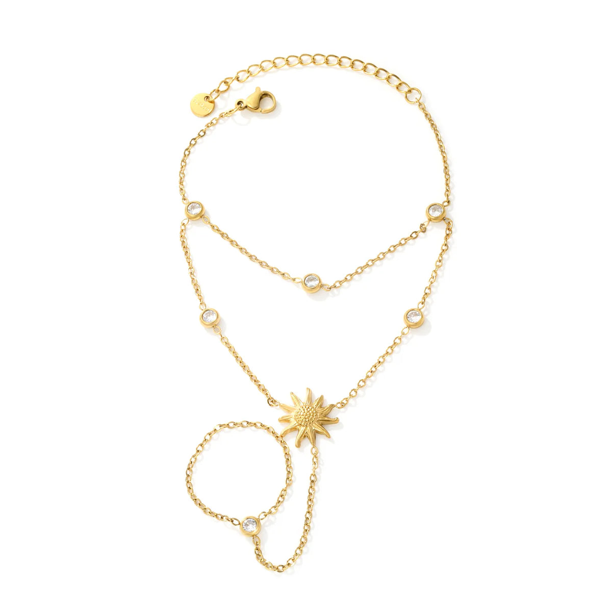 Layered Sun Charm Hand Chain Bracelet With Attached Ring | 14x15mm Textured Sun Pendant | 5mm Bezel CZ Accents | 15+5cm Cable Chain