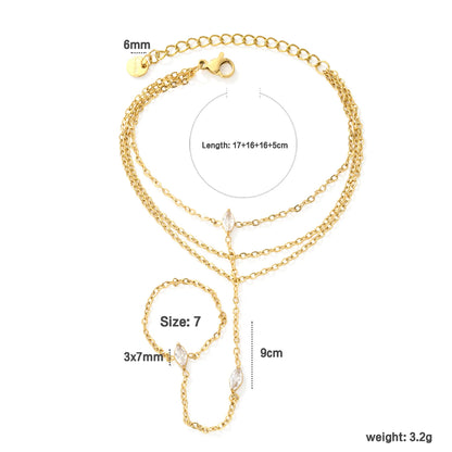 Triple Layer Marquise CZ Hand Chain Bracelet With Attached Ring | 3x7mm Marquise Zircons | 17+16+16+5cm Multi Strand Chain