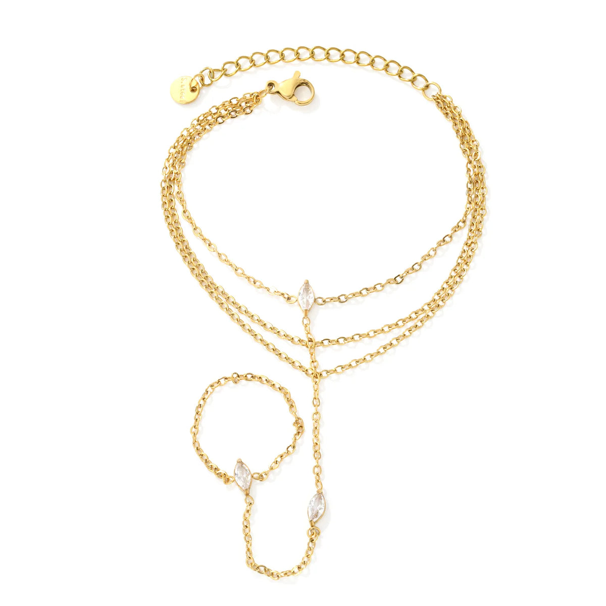 Triple Layer Marquise CZ Hand Chain Bracelet With Attached Ring | 3x7mm Marquise Zircons | 17+16+16+5cm Multi Strand Chain