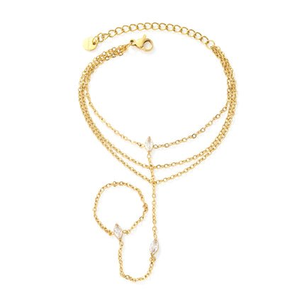 Triple Layer Marquise CZ Hand Chain Bracelet With Attached Ring | 3x7mm Marquise Zircons | 17+16+16+5cm Multi Strand Chain