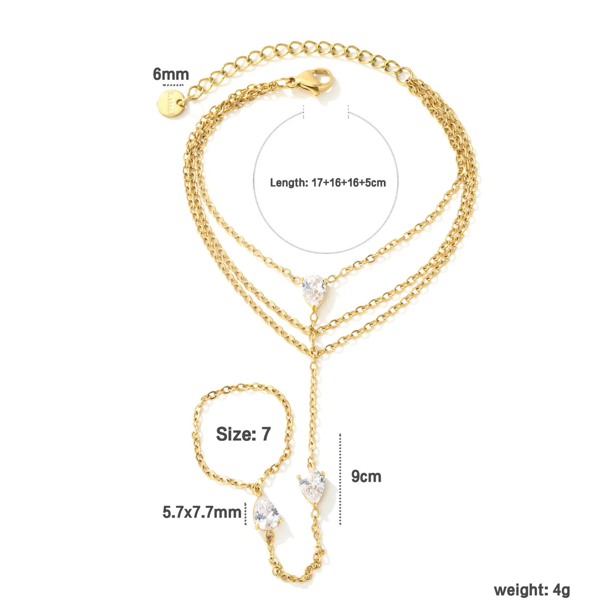 Glam Triple Layer Pear CZ Hand Chain Bracelet With Attached Ring | 5.7x7.7mm Teardrop Zircon | 17+16+16+5cm Multi Strand