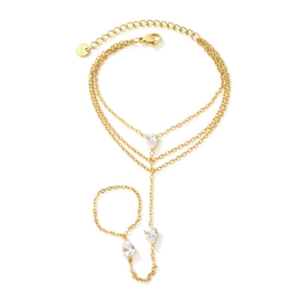 Glam Triple Layer Pear CZ Hand Chain Bracelet With Attached Ring | 5.7x7.7mm Teardrop Zircon | 17+16+16+5cm Multi Strand