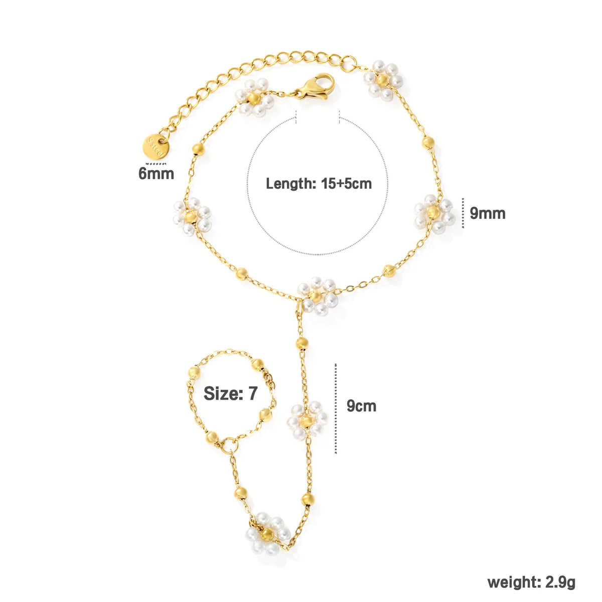 Beaded Flower Hand Chain Bracelet With Attached Ring | 9mm Pearl & Crystal Flower Charms | 15+5cm Cable Chain | Two Styles Available