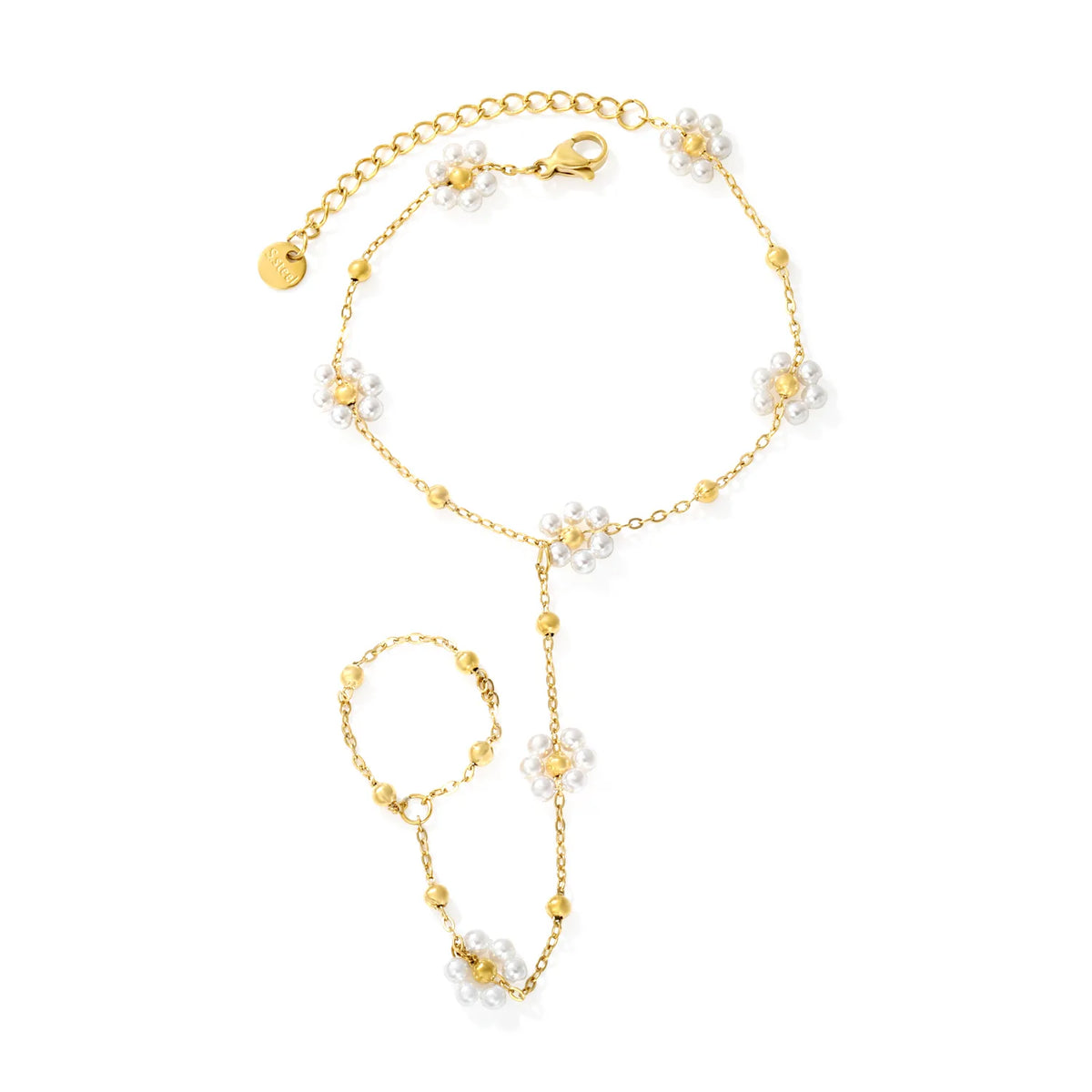 Beaded Flower Hand Chain Bracelet With Attached Ring | 9mm Pearl & Crystal Flower Charms | 15+5cm Cable Chain | Two Styles Available