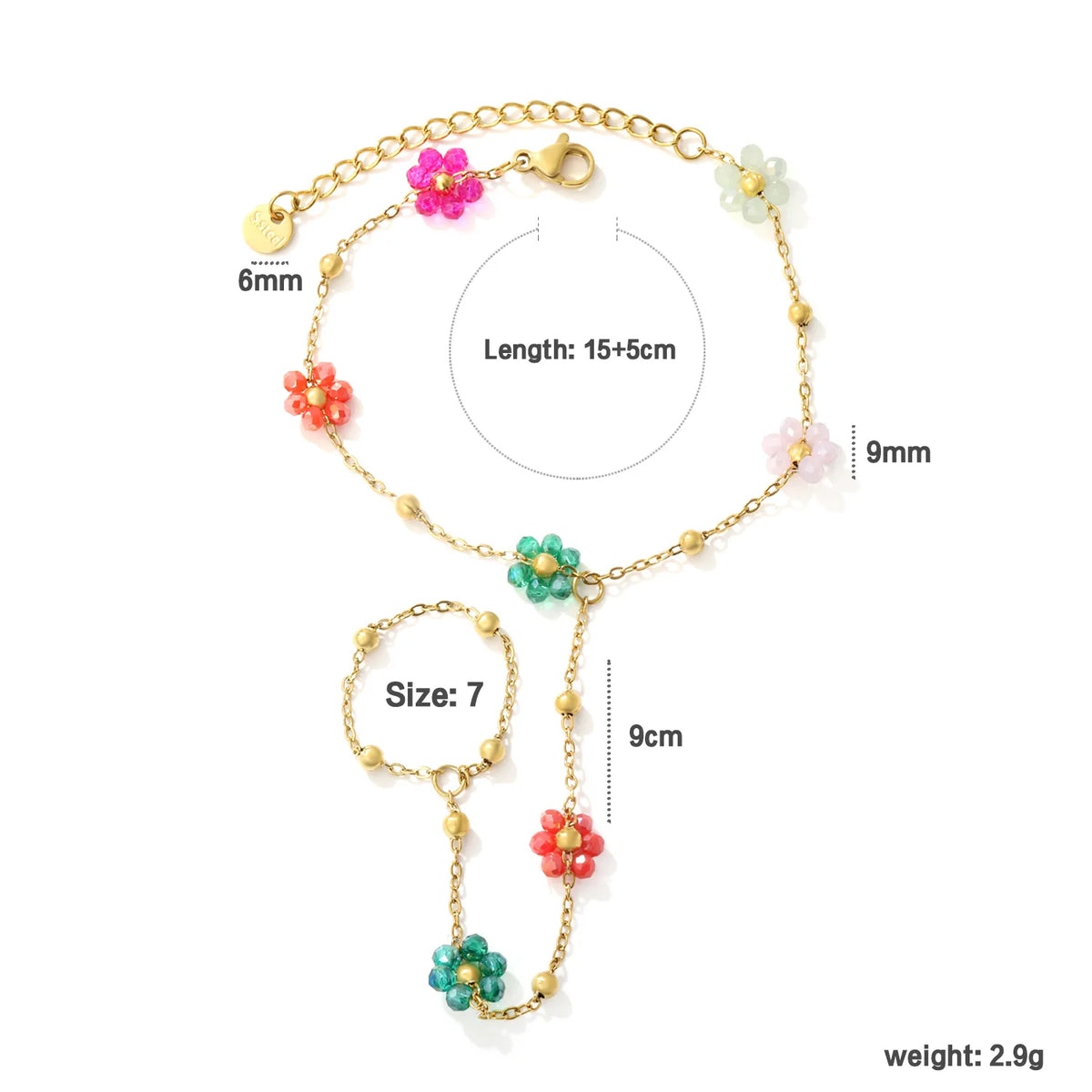 Beaded Flower Hand Chain Bracelet With Attached Ring | 9mm Pearl & Crystal Flower Charms | 15+5cm Cable Chain | Two Styles Available
