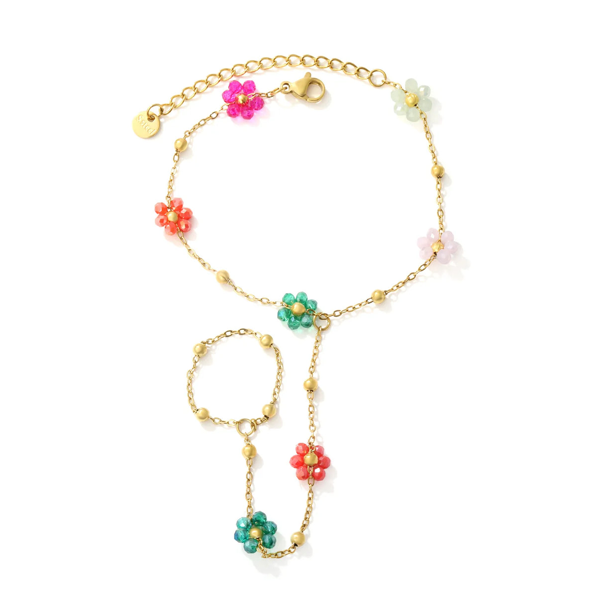 Beaded Flower Hand Chain Bracelet With Attached Ring | 9mm Pearl & Crystal Flower Charms | 15+5cm Cable Chain | Two Styles Available