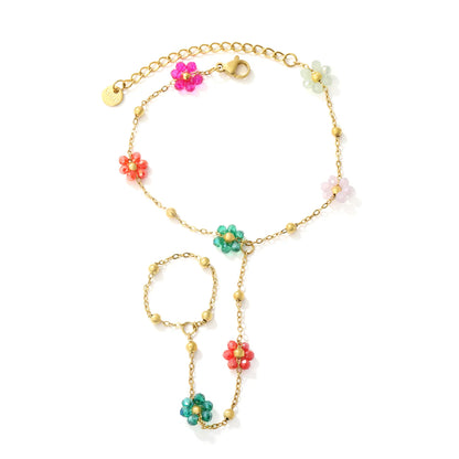 Beaded Flower Hand Chain Bracelet With Attached Ring | 9mm Pearl & Crystal Flower Charms | 15+5cm Cable Chain | Two Styles Available