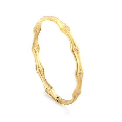 Textured Wavy Starburst Zircon Bangle | 60mm Inner Diameter | 6.5mm Width | 18K Gold Plated Hinged Bracelet