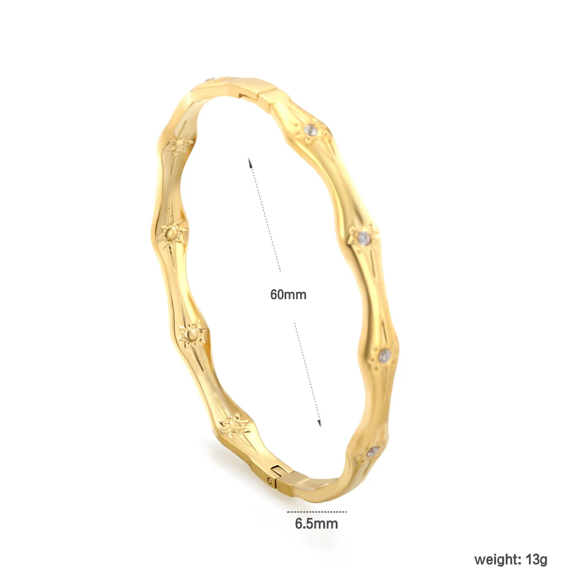 Textured Wavy Starburst Zircon Bangle | 60mm Inner Diameter | 6.5mm Width | 18K Gold Plated Hinged Bracelet