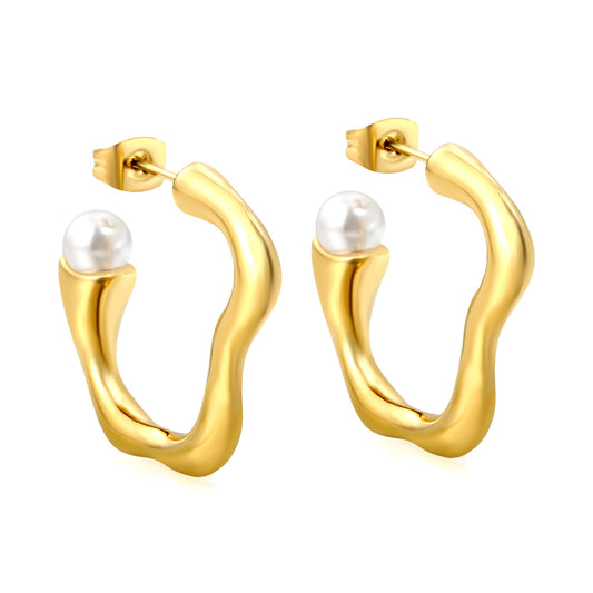 27.4*26.6mm Wave C shape with 5.7mm white glue bead earrings Gold color