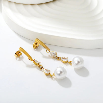 Elegant Teardrop Zircon Pearl Drop Earrings 3x15mm Bar 5x6.8mm CZ 10mm Pearl 18K Gold Plated | Wholesale MOQ 12