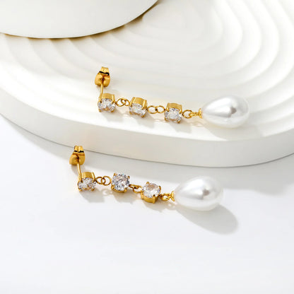Elegant Square CZ Teardrop Pearl Dangle Earrings 5mm Square Zircon 10x15mm Pearl 18K Gold Plated
