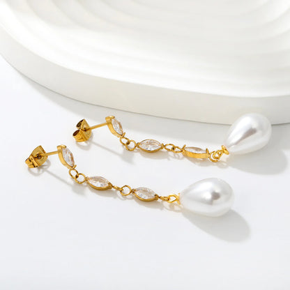 Luxury Linear Marquise Zircon Drop Pearl Earrings Long Chain Wedding Bridal Ear Jewelry
