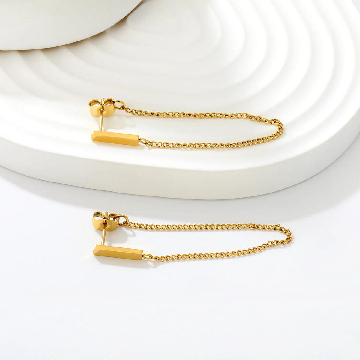 Minimalist Vertical Bar Double Tassel Chain Drop Earrings 2.8x12mm Rectangle Bar 8cm Long Chain 18K Gold Plated Jewelry