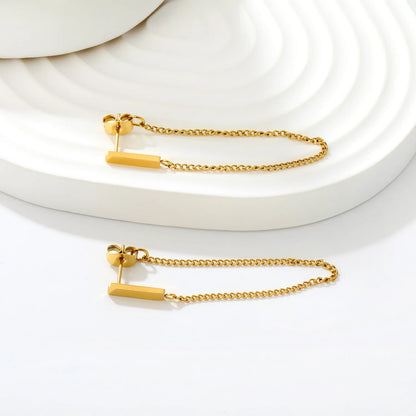 Minimalist Vertical Bar Double Tassel Chain Drop Earrings 2.8x12mm Rectangle Bar 8cm Long Chain 18K Gold Plated Jewelry