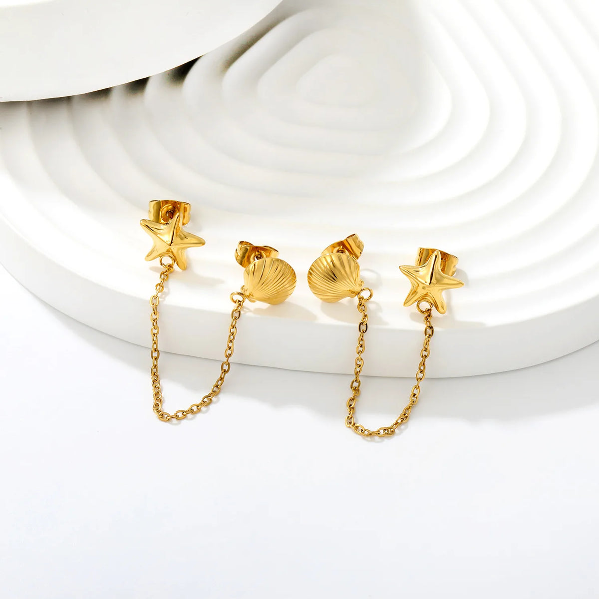 Dainty Starfish Shell Linked Chain Stud Earrings 10mm Starfish 8.8x8.5mm Seashell 6cm Connecting Chain