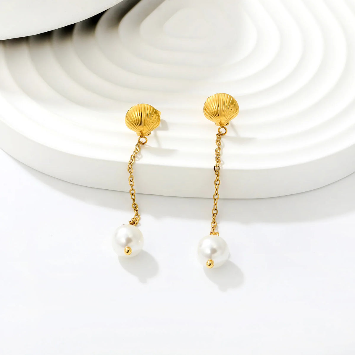 Beach Inspired Seashell Pearl Dangle Earrings Long Chain 18K Gold Plated Summer Ear Jewelry | Wholesale MOQ 12