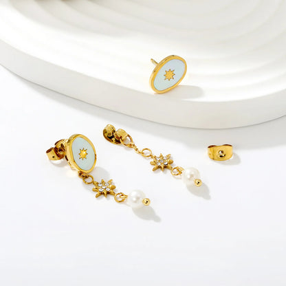 Celestial Eight-Pointed Star Mother Of Pearl Drop Earrings 8.5x12mm Irregular Oval Shell 8mm CZ Star 5mm Pearl 18K Gold Plated