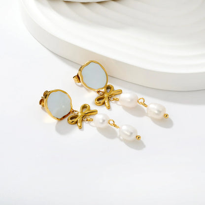 Vintage Sweet Bow Rice Pearl Dangle Earrings Natural Shell Inlay Long Statement Earrings | 18K Gold Plated Jewelry