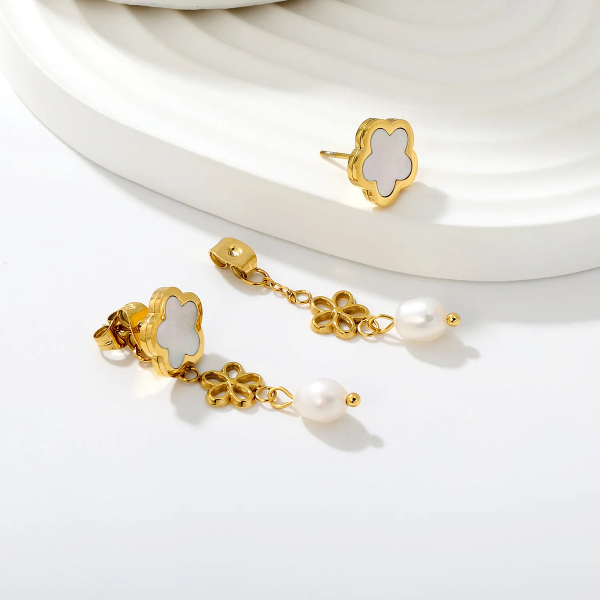 Dainty Layered Floral Shell Dangle Earrings Hollow Flower Charm Freshwater Pearl Drop Earrings