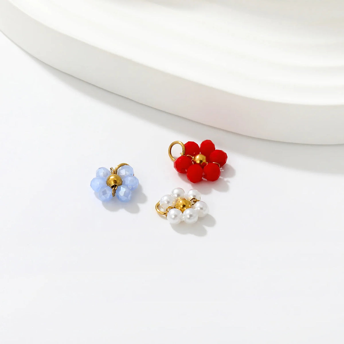 ini Beaded Flower Pendant Accessory | 9mm Gold Plated Cluster Charm | 1x6mm Jump Ring | Pearl / Blue / Red Available