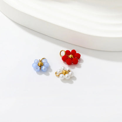 ini Beaded Flower Pendant Accessory | 9mm Gold Plated Cluster Charm | 1x6mm Jump Ring | Pearl / Blue / Red Available