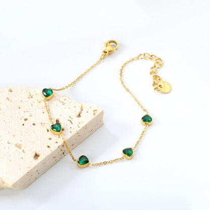 5mm heart shaped emerald zirconium accessories 0.3 cross chain *17+3cm+6mm round plaque bracelet gold color