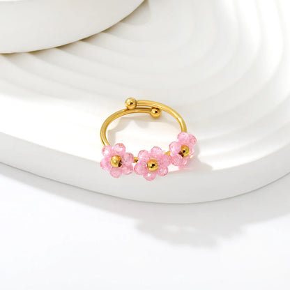 Flower Beaded Open Ring | 9mm Faceted Crystal Cluster Adjustable Ring | 18K Gold Plated | White & Pink Available