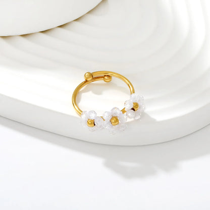 Flower Beaded Open Ring | 9mm Faceted Crystal Cluster Adjustable Ring | 18K Gold Plated | White & Pink Available