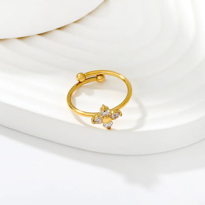 Four Leaf Clover CZ Open Ring | 9.5mm 18K Gold Plated Adjustable Floral Ring | Size 7