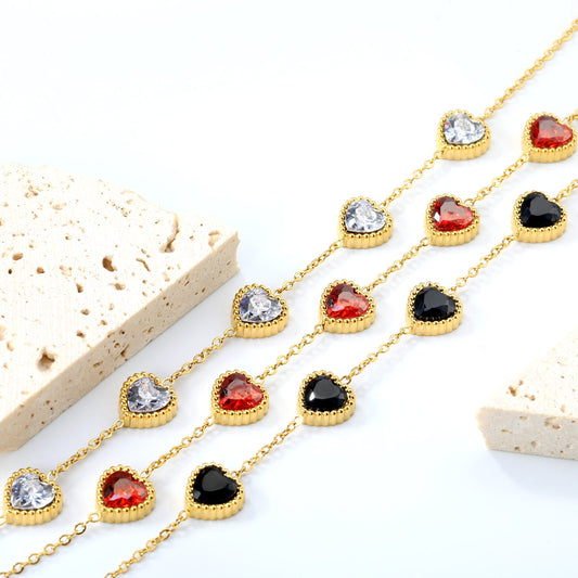 8.6mm Heart with White Crystal/Black Crystal/Red Zirconium Fittings 0.35 Cross Chain*17+3cm+6mm Round Plaque Bracelet Gold Color
