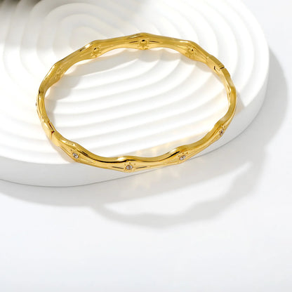 Textured Wavy Starburst Zircon Bangle | 60mm Inner Diameter | 6.5mm Width | 18K Gold Plated Hinged Bracelet