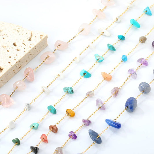White Turquoise/ Amethyst/ Pink/ Sky Blue/ Turquoise/ Mixed Color Stone Accessories 0.3 Cross Chain*17+3cm+6mm Round Plaque Bracelet Golden