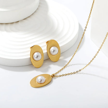 Minimalist Oval Pearl Jewelry Set | 15x24mm 18K Gold Plated Pendant Necklace & Stud Earrings | 40+5cm Chain