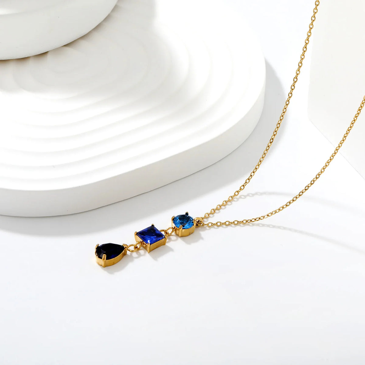 Elegant Tiered Blue Zircon Drop Pendant Y Shape Necklace | 40+5cm Adjustable Chain