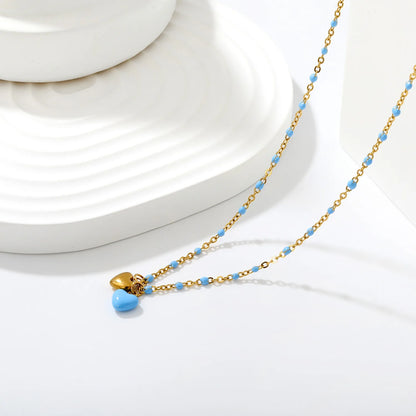 Double Heart Enamel Pendant Necklace | 7x6mm Twin Heart Charms | 40+5cm Beaded Chain | Blue & Pink Option
