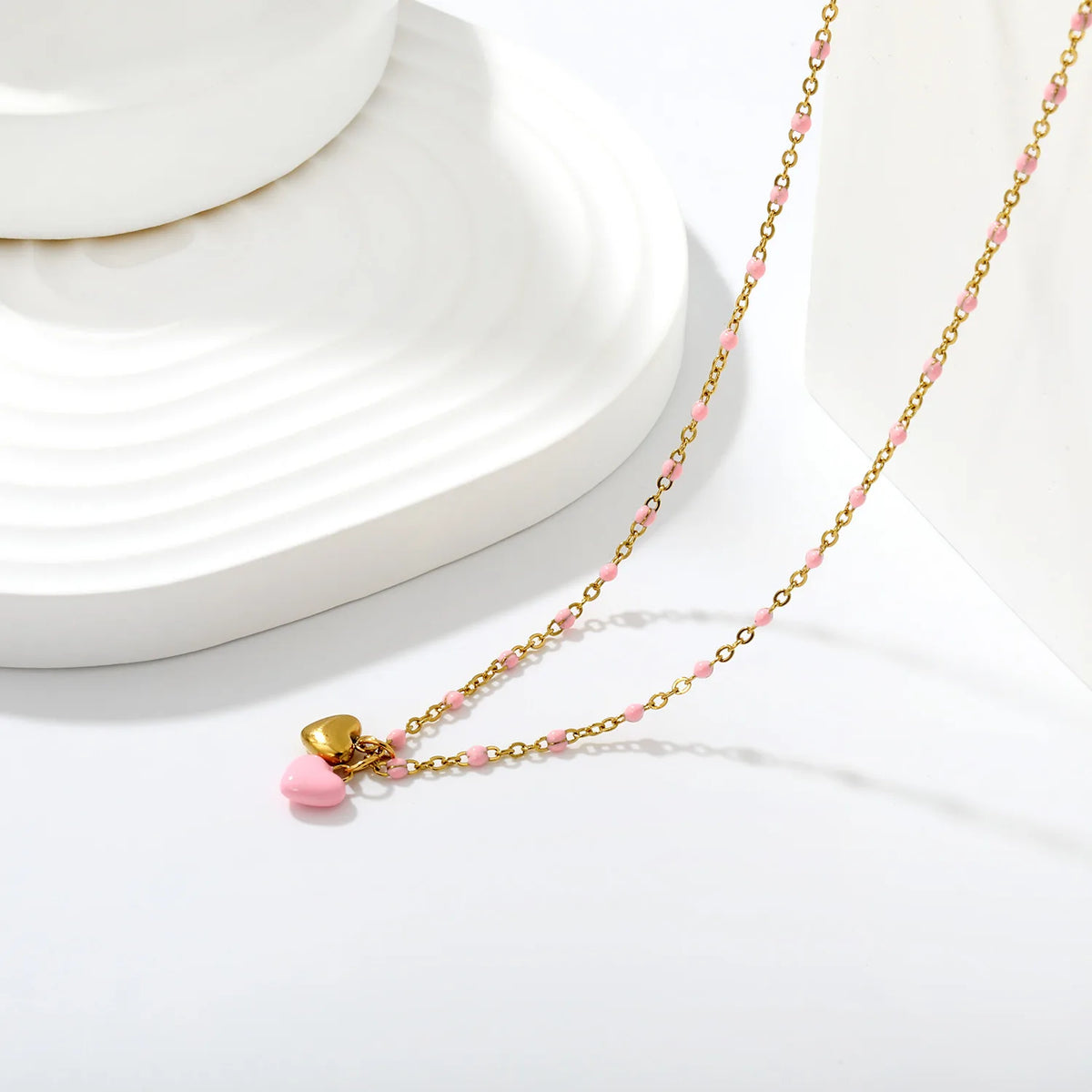 Double Heart Enamel Pendant Necklace | 7x6mm Twin Heart Charms | 40+5cm Beaded Chain | Blue & Pink Option