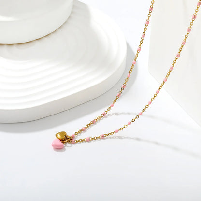 Double Heart Enamel Pendant Necklace | 7x6mm Twin Heart Charms | 40+5cm Beaded Chain | Blue & Pink Option