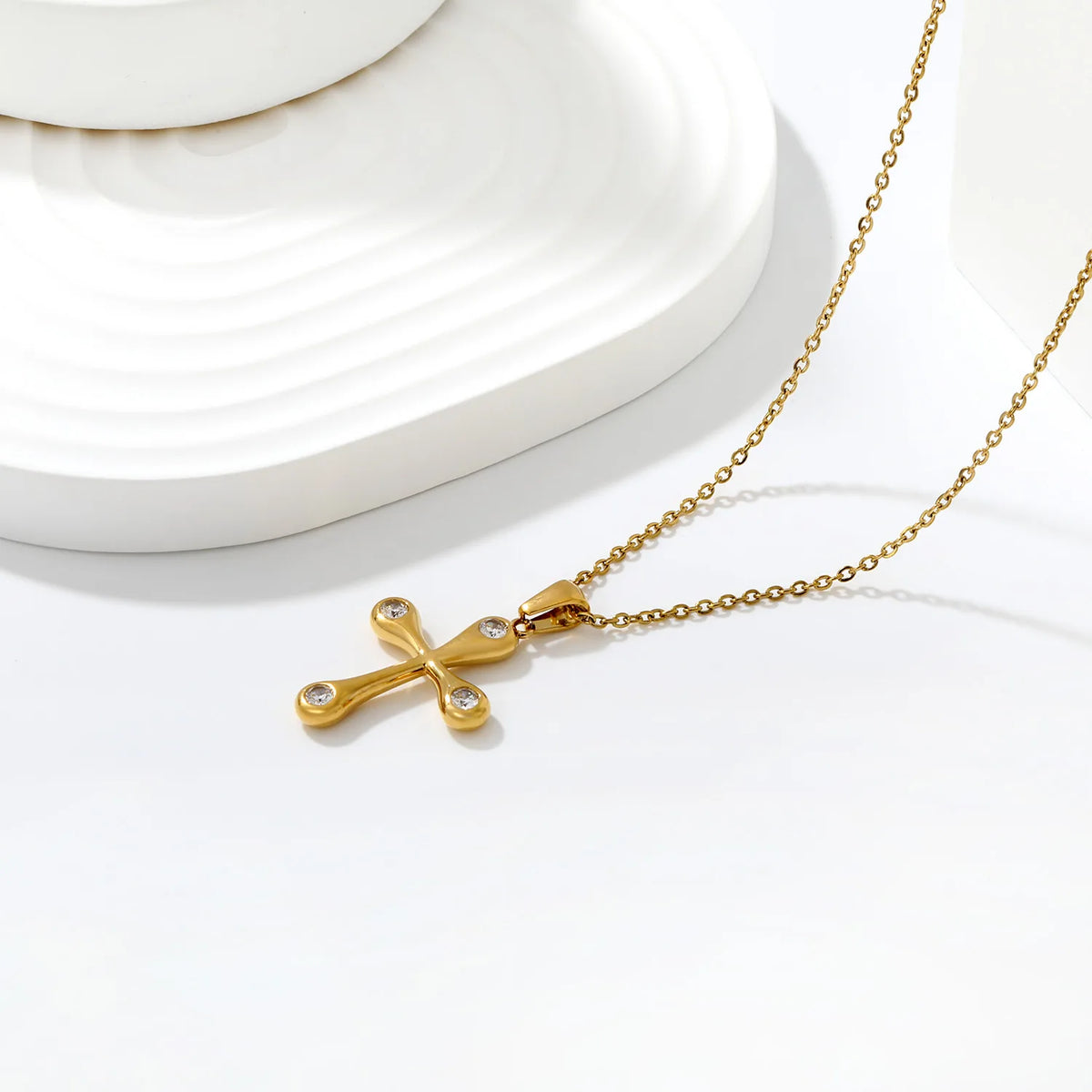 Soft Edge Zircon Cross Pendant Necklace | 20x25mm Four Stone Cross Charm | 40+5cm Adjustable Chain | Gold & Silver Tone