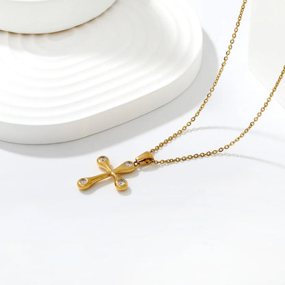 Soft Edge Zircon Cross Pendant Necklace | 20x25mm Four Stone Cross Charm | 40+5cm Adjustable Chain | Gold & Silver Tone