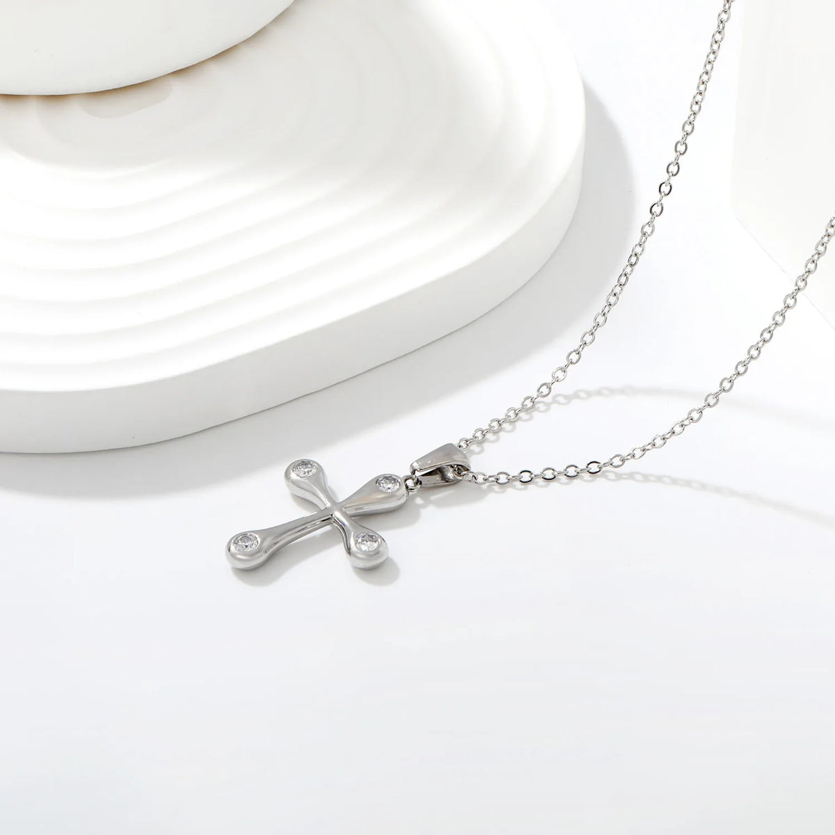 Soft Edge Zircon Cross Pendant Necklace | 20x25mm Four Stone Cross Charm | 40+5cm Adjustable Chain | Gold & Silver Tone