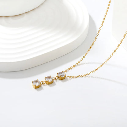 Vertical Three Round Zircon Drop Necklace | 4mm Triple Clear Zircon Pendant | 3cm Drop Length | 40+5cm Adjustable Chain